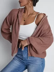 RueChic Drop Shoulder Zip Up Hooded Cardigan,Long Sleeve Tops In Fall/Winter - Redwood - View 3