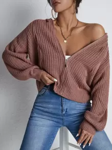 RueChic Drop Shoulder Zip Up Hooded Cardigan,Long Sleeve Tops In Fall/Winter - Redwood - View 5