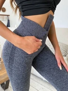 Yoga Basic Quần Leggings Thể thao Nữ Nút phía trước màu trơn - Màu xám đen - Xem 1