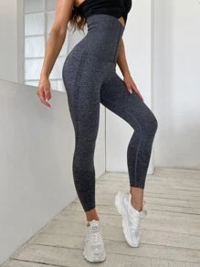 Yoga Basic Quần Leggings Thể thao Nữ Nút phía trước màu trơn - Màu xám đen - Xem 2