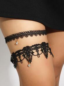 2pcs Rhinestone Detail Lace Leg Chain - Black - View 1