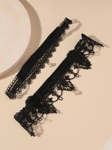 2pcs Rhinestone Detail Lace Leg Chain - Black - View 2