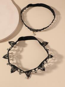 2pcs Rhinestone Detail Lace Leg Chain - Black - View 4