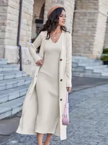 Modelyn 素色無袖毛衣裙和前紐扣開襟衫 - 白色 - 查看 1