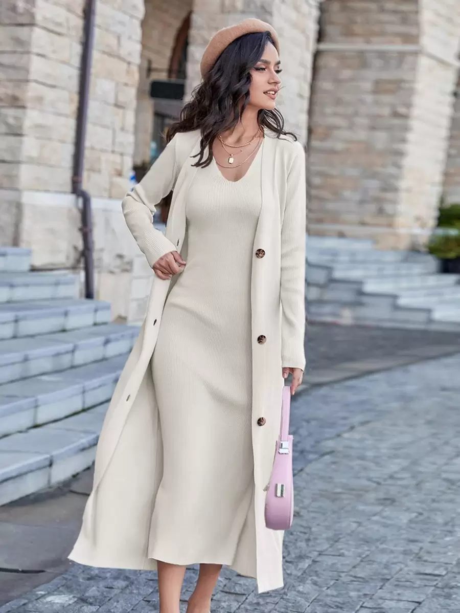 Modelyn 素色無袖毛衣裙和前紐扣開襟衫 - 白色 - 查看 1