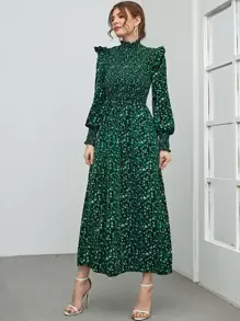 Seusyu Leopard Print Shirred Ruffle Trim Bishop Sleeve Dress - Green - View 1