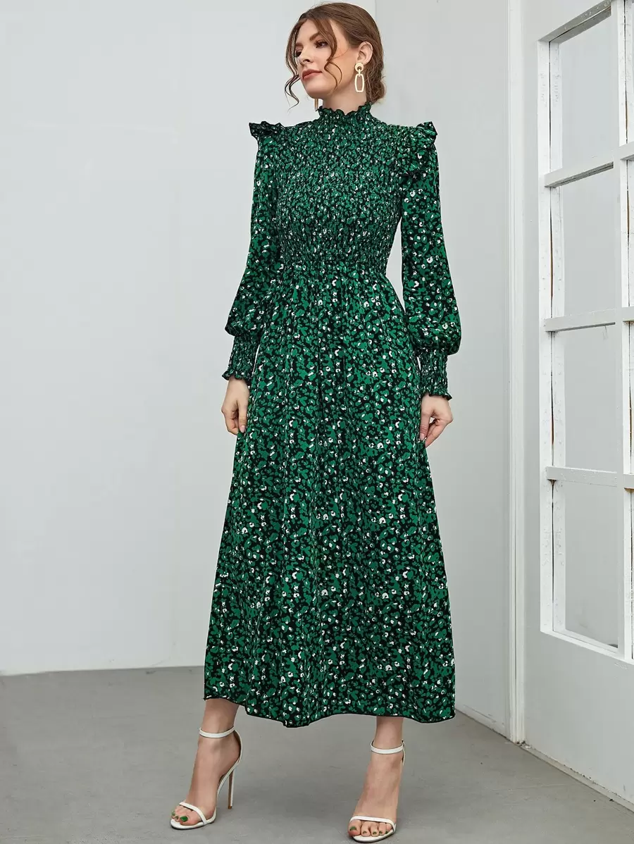 Seusyu Leopard Print Shirred Ruffle Trim Bishop Sleeve Dress - Green - View 1