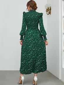 Seusyu Leopard Print Shirred Ruffle Trim Bishop Sleeve Dress - Green - View 2