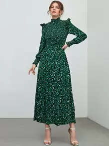 Seusyu Leopard Print Shirred Ruffle Trim Bishop Sleeve Dress - Green - View 3