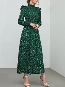 Seusyu Leopard Print Shirred Ruffle Trim Bishop Sleeve Dress - Green - View 4