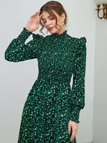 Seusyu Leopard Print Shirred Ruffle Trim Bishop Sleeve Dress - Green - View 5