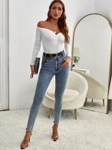 Body tejido de canalé de hombros descubiertos - Blanco - Ver 3