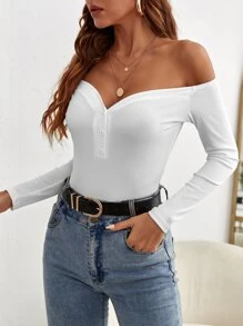 Body tejido de canalé de hombros descubiertos - Blanco - Ver 4