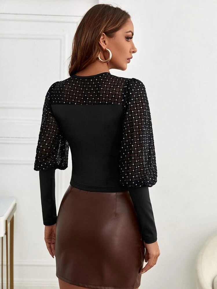 Argyle Mesh Insert Gigot Sleeve Top
