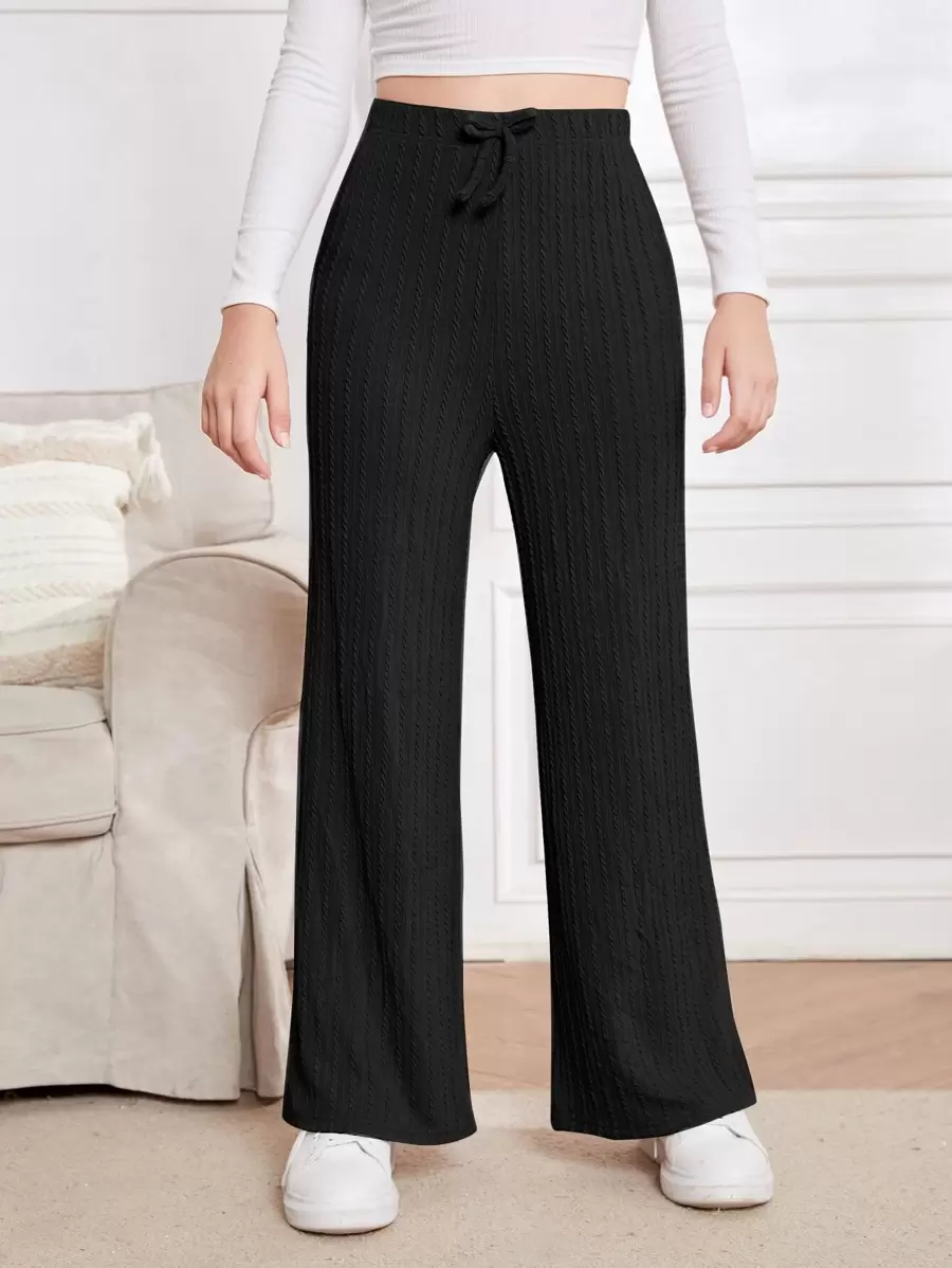 SHEIN Teen Girls Cable Textured Knot Front Trousers - Black - View 1