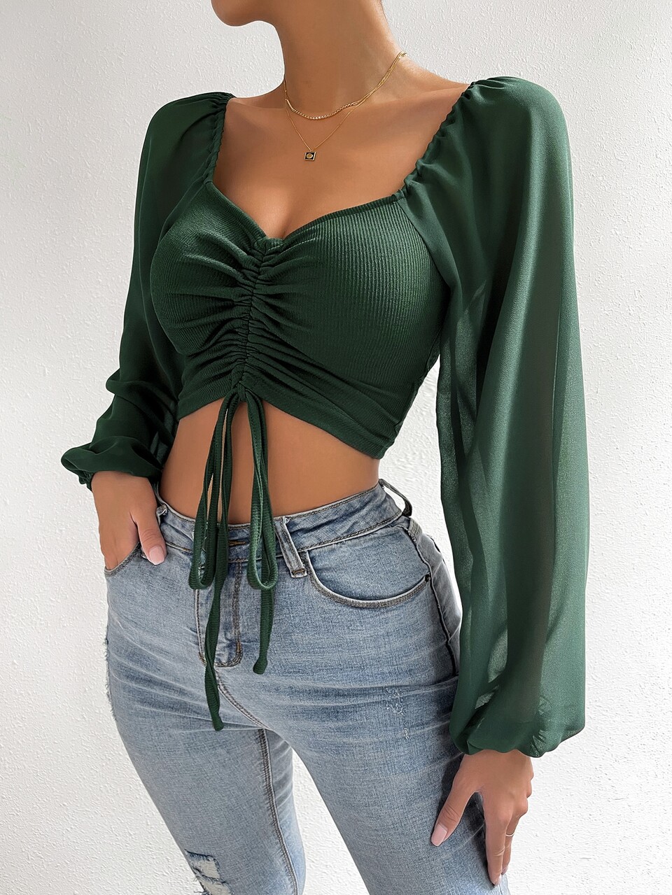 Women's Fashion Casual Sweetheart Collar Pleated Long Sleeve Top