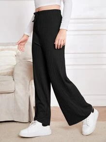 SHEIN Teen Girls Cable Textured Knot Front Trousers - Black - View 3