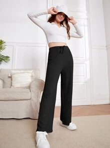 SHEIN Teen Girls Cable Textured Knot Front Trousers - Black - View 4