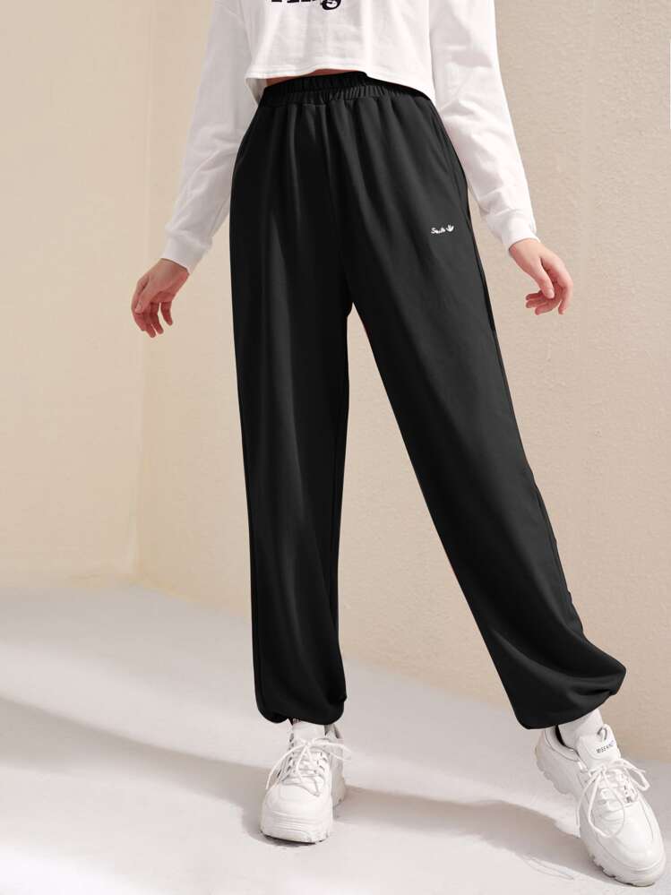 SHEIN Teen Girls Letter Embroidery Slant Pocket Joggers - Black - View 1