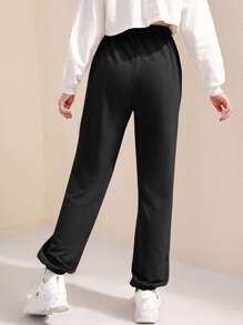 SHEIN Teen Girls Letter Embroidery Slant Pocket Joggers - Black - View 2