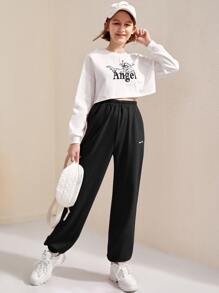 SHEIN Teen Girls Letter Embroidery Slant Pocket Joggers - Black - View 3