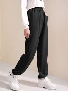 SHEIN Teen Girls Letter Embroidery Slant Pocket Joggers - Black - View 4