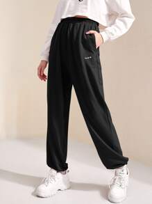 SHEIN Teen Girls Letter Embroidery Slant Pocket Joggers - Black - View 5