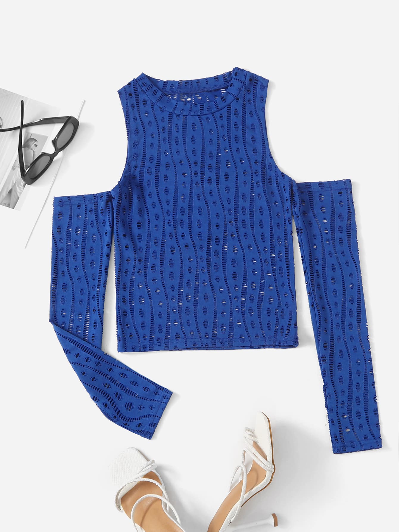 SHEIN ICON Pointelle Knit Cold Shoulder Thumb Holes Top - Royal Blue - View 1