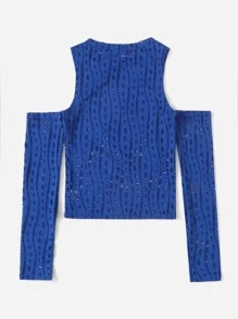 SHEIN ICON Pointelle Knit Cold Shoulder Thumb Holes Top - Royal Blue - View 2