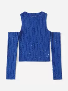 SHEIN ICON Pointelle Knit Cold Shoulder Thumb Holes Top - Royal Blue - View 5
