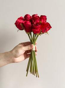 1支/12支人造玫瑰花，絲質玫瑰花枝，假玫瑰花束，適用於DIY插花裝飾，家庭婚禮派對桌面裝飾，新娘花束 - 紅色 - 查看 2