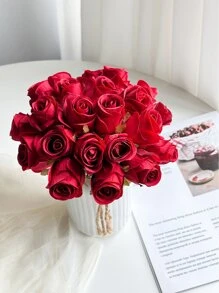 1支/12支人造玫瑰花，絲質玫瑰花枝，假玫瑰花束，適用於DIY插花裝飾，家庭婚禮派對桌面裝飾，新娘花束 - 紅色 - 查看 7