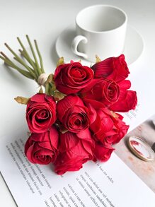 1支/12支人造玫瑰花，絲質玫瑰花枝，假玫瑰花束，適用於DIY插花裝飾，家庭婚禮派對桌面裝飾，新娘花束 - 紅色 - 查看 5