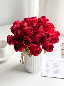 1支/12支人造玫瑰花，絲質玫瑰花枝，假玫瑰花束，適用於DIY插花裝飾，家庭婚禮派對桌面裝飾，新娘花束 - 紅色 - 查看 4