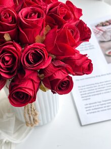 1支/12支人造玫瑰花，絲質玫瑰花枝，假玫瑰花束，適用於DIY插花裝飾，家庭婚禮派對桌面裝飾，新娘花束 - 紅色 - 查看 6