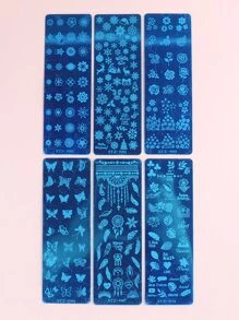 FULL BEAUTY 6入組美甲印版套裝花葉蝴蝶羽毛圖像模板夏季印章模具美甲模板工具 - 銀色 - 查看 6