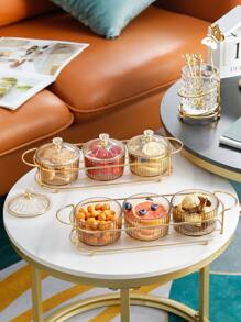 Bandeja de servicio de metal de 1 pieza con caja de almacenamiento de plástico de 3 piezas y tapa, bandeja de refrigerio de estilo europeo para dulces, nueces, galletas - Dorado - Ver 2