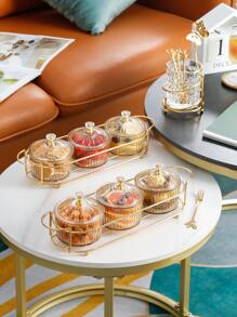 Bandeja de servicio de metal de 1 pieza con caja de almacenamiento de plástico de 3 piezas y tapa, bandeja de refrigerio de estilo europeo para dulces, nueces, galletas - Dorado - Ver 3