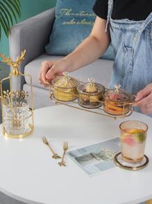 Bandeja de servicio de metal de 1 pieza con caja de almacenamiento de plástico de 3 piezas y tapa, bandeja de refrigerio de estilo europeo para dulces, nueces, galletas - Dorado - Ver 4