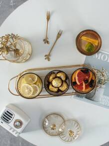 Bandeja de servicio de metal de 1 pieza con caja de almacenamiento de plástico de 3 piezas y tapa, bandeja de refrigerio de estilo europeo para dulces, nueces, galletas - Dorado - Ver 7