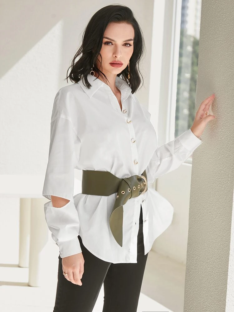 Button Front Cut Out Drop Shoulder Shirt Without Belt
