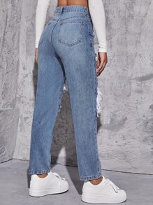 Jeans rotos de talle alto de pierna recta - Lavado ligero - Ver 2