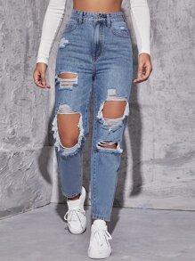 Jeans rotos de talle alto de pierna recta - Lavado ligero - Ver 3