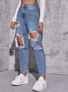 Jeans rotos de talle alto de pierna recta - Lavado ligero - Ver 4