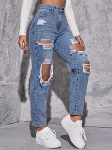Jeans rotos de talle alto de pierna recta - Lavado ligero - Ver 5