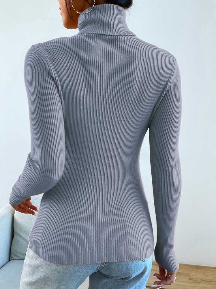 Mulvari Turtleneck Ribbed Knit Sweater Without Necklace,Long Sleeve Tops - Dusty Blue - View 2