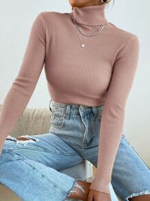 休闲纯色高领毛衣，适合秋冬季穿着 - 藕粉色 - 查看 3