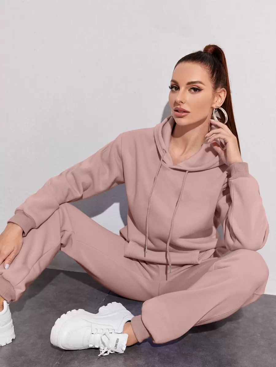 INAWLY 抽绳落肩保暖内衬连帽衫和运动裤 - 藕粉色 - 查看 1