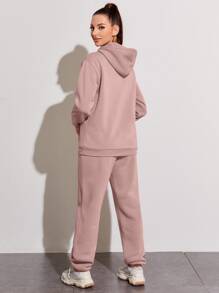INAWLY 抽绳落肩保暖内衬连帽衫和运动裤 - 藕粉色 - 查看 2