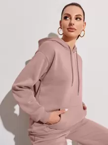 INAWLY 抽绳落肩保暖内衬连帽衫和运动裤 - 藕粉色 - 查看 5